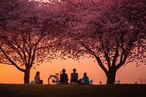 the silhouette of a family enjoying a picnic under a cherry blossom tree in sunset sky. photo