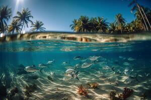 Photograph of beautiful inviting beach scene with blue sky. photo