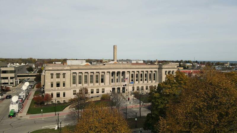 Kenosha County Court House on clear day with television broadcast Kenosha County Court House on clear day with television broadcast