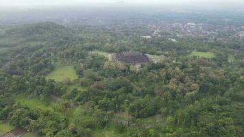 4k aéreo ver de borobudur templo en Java, Indonesia. amplio disparar con bosque vista. video