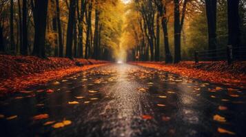 un hermosa largo la carretera en otoño temporada es forrado con arboles Llevando vistoso hojas. ai generativo foto