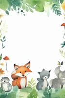 White background with simple leaves in corner with cute forest animals watercolor style. photo