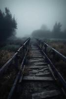 Old wooden bridge leading to nowhere in the fog, broken, gloomy dark blue, mysterious, loneliness. photo