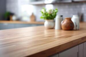de madera mesa parte superior en difuminar cocina habitación antecedentes. ai generativo foto