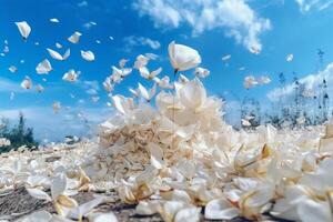 The white petals fall off with blurred clear blue sky and cloud. photo