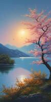 beautiful oil painting depicts a serene morning scene. photo