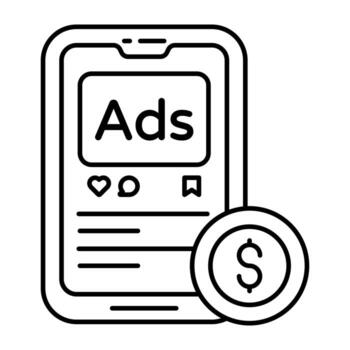 Conceptual linear design icon of mobile paid ad vector