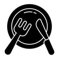 Fork with knife and plate, concept of tableware icon. vector