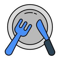 Fork with knife and plate, concept of tableware icon. vector