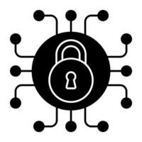 A solid design icon of encryption, padlock with nodes vector
