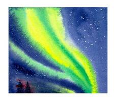 Hand drawn watercolor northern lights. Watercolor landscape with green northern lights. vector