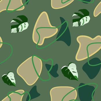 Seamless abstract figures and monster leaves on dark background with gold design. For textile and notepad designs vector