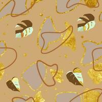 Seamless abstract figures and monster leaves on dark background with gold design. For textile and notepad designs vector