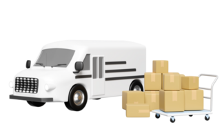 3d leverans skåpbil, vit lastbil med förpackning, varor kartong låda, plattform vagn isolerat. service, transport, frakt begrepp, 3d framställa illustration png