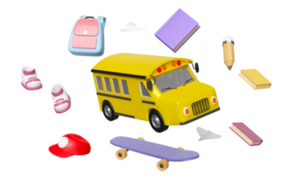 3d vehicle for transport student float isolated. yellow school bus cartoon sign icon, accessories with skateboard, book, bag, pencil, school supplies, hat, back to school 3d render png
