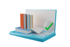 3D illustration stack of books on laptop distance education concept online education png