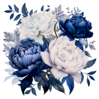 Beautiful Navy And White Peony Bouquet Watercolor Illustration png