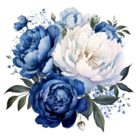 Beautiful Navy And White Peony Bouquet Watercolor Illustration png