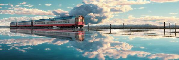 un tren es de viaje en lago, agua superficie refleja el cielo. ai generativo foto