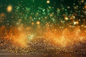 Gold and green Fireworks and bokeh in New Year eve and copy space. Abstract background holiday. photo