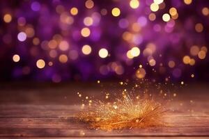 Gold and purple Fireworks and bokeh in New Year eve and copy space. Abstract background holiday, photo