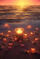 romántico velas en el arena playa. ai generativo foto