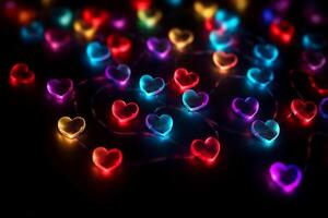 Valentine day background. Love light. Romantic ornament. Yellow round led string neon red blue color blur heart glow festive pattern on defocused dark. photo