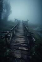 Old wooden bridge leading to nowhere in the fog, broken, gloomy dark blue, mysterious, loneliness. photo