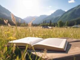 libro en el prado con montaña a antecedentes. ai generativo foto