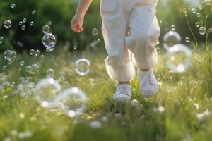 A close - up of big bubbles, blurred background of a child's legs wearing white clothes and running around on the lawn. AI generative photo