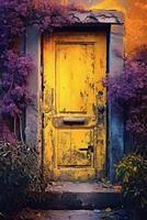 Image of a stone door with plants and Yellow door. photo