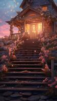 the stairs of a wooden house with 1000 roses on it, in the style of light pink and white, sunset, a busy city and beach in the distance. photo