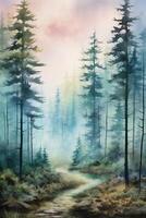 A watercolor painting of a misty forest, tranquil, deep, fairy tale vibe, simple watercolor style with few details, semi abstract. photo