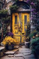 Image of a stone door with plants and Yellow door. photo