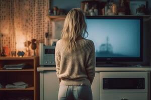 triste rubia mujer espalda ver en su habitación de pie. ai generativo foto