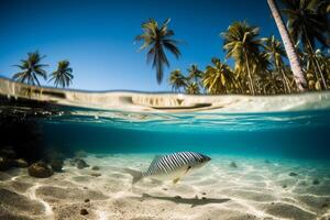 Photograph of beautiful inviting beach scene with blue sky. photo