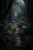 Dark forest, with a path in the middle, horror ambient, trees on the side. photo