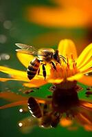 Bee sitting next to yellow flower and drop. photo