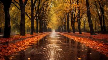 a beautiful long road in autumn season is lined with trees bearing colorful leaves. AI generative photo