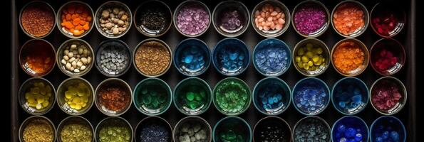 top view, aerial view, bowls of gemstones of the color of the rainbow. photo