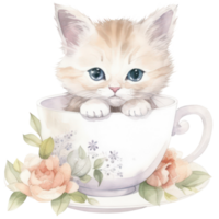 linda taza para té gatito acuarela camiseta diseño, transparente fondo, ai generado png