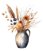 vase avec séché fleurs sublimation aquarelle T-shirt conception, transparent arrière-plan, ai généré png