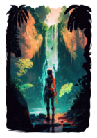 flicka neon djungel krigare vattenfärg t-shirt design, transparent bakgrund, ai genererad png