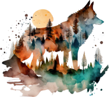 Abstract Forest Wolf Sublimation Watercolor t-shirt design, transparent background, png