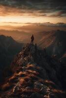 un hombre es en pie en un montaña. ai generativo foto