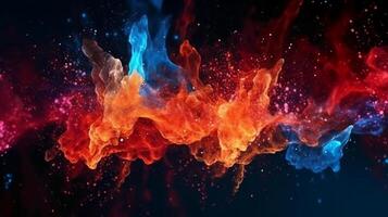 Paint drop. Ink water. Cold flame. Burning ice. Red orange blue color gradient glowing glitter fluid splash on dark black abstract art background. photo