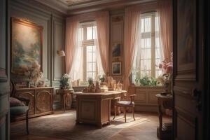 Luxurious office, in the style of light pastel colors, hand. photo
