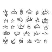 Big set of different crown icons drawn in doodle style.Vector illustration.Crowns of princes, princesses, kings, queens made by hand. vector