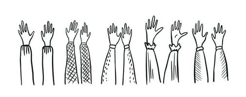 Hands up hands vote hands clap applause likes.Group of like-minded people.Vector illustration.Hand drawn in a doodle style.Black lines on white background. vector