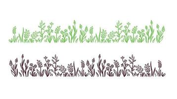 Wild herb, flowers and grass hand drawn in doodle style.Vector illustration.Hand made.Wild flowers and grass in one line for frame.Brown and Green lines on white background. vector